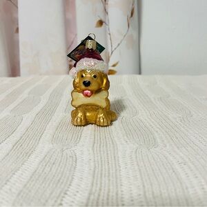 Vntg Gold Dog with Santa Hat & Bone Holiday Christmas Blown Glass Ornament EUC